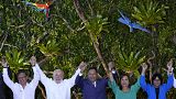 Da esquerda para a direita, presidente da Colômbia, do Brasil, da Bolívia, do Peru e vice-presidente da Venezuela.