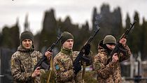 Ukrainian soldiers fire salvoes during a funeral in Bila Tserkva, near Kyiv, Ukraine.