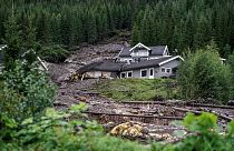 Un glissement de terrain a détruit des maisons à Valdres, Nord Aurdal, près de Bagn, en Norvège, le 8 août 2023.
