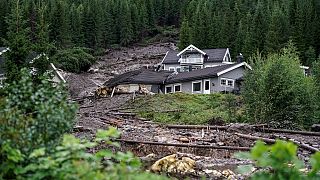 Un glissement de terrain a détruit des maisons à Valdres, Nord Aurdal, près de Bagn, en Norvège, le 8 août 2023.