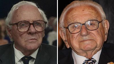 Anthony Hopkins (left) playing Sir Nicholas Winton (right) in 'One Life'