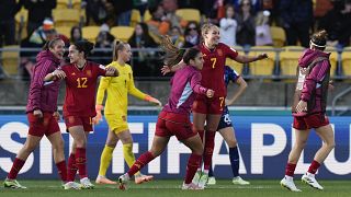 Spain celebrate following their extra time win at the Women's World Cup quarterfinal soccer match against the Netherlands, 11 August 2023