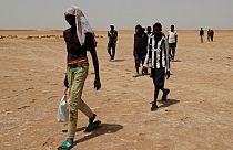 Des migrants d'origine africaine qui auraient été abandonnés par les autorités tunisiennes, marchent dans la chaleur à la frontière libyo-tunisienne, le 30 juillet 2023.