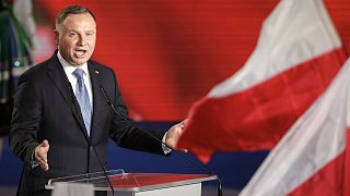 President Andrzej Duda addresses supporters after voting ended in the presidential election in Lowicz, Poland, June 28, 2020.
