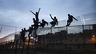 Sub-Saharan migrants climb over a metallic fence that divides Morocco and the Spanish enclave of Melilla on March 29, 2014. 