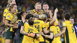 The Matildas celebrate after winning the Women's World Cup quarterfinal soccer match between Australia and France in Brisbane, Australia, Saturday, Aug. 12, 2023.