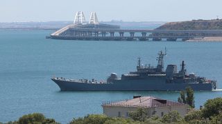 A Russian military landing ship beside the bridge connecting the Russian mainland the and Crimean peninsula.
