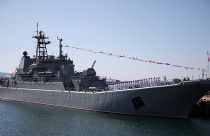 The Olenegorsky Gornyak warship stands moored at a harbour of Novorossiysk, Russia.
