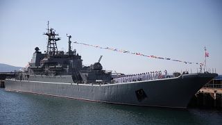 The Olenegorsky Gornyak warship stands moored at a harbour of Novorossiysk, Russia.