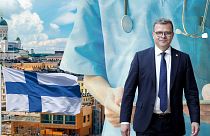 Image composite montrant le centre ville d'Helsinki, le drapeau finlandais et le Premier ministre finlandais Petteri Orpo.