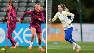 Spain's Alexia Putellas (left) and Sweden's Kosovare Asllani (right) in training before the World Cup semi-final, 14th August 2023.