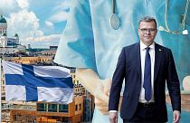 تصویر ترکیبی از مرکز شهر هلسینکی، پرچم فنلاند و اورپو نخست وزیر فنلاند