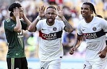 PSG's Neymar, center, celebrates after scoring the first goal during a friendly soccer match against Jeonbuk Hyundai Motors in Busan, South Korea, Thursday, Aug. 3, 2023. 