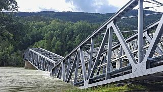 A section of a railway bridge collapsed into the water over the Laagen River in Ringebu, Norway, Monday, Aug. 14, 2023.