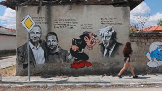 جدار في قرية ستارو جيلازاره، رسم عليه فنانون صورا لشخصيات كرتونية إلى جانب صور لأشهر القادة العالميين