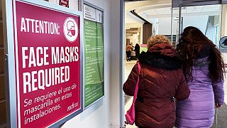 A sign announcing a face mask requirement is displayed at a hospital in Buffalo Grove, Ill., Friday, Jan. 13, 2023.