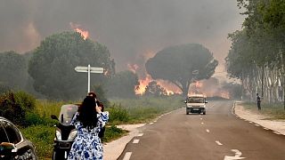 A woman takes a picture of a wildfire that broke out leading to the evacuation of more than 3.000 people from nearby campsites in Saint-Andre.