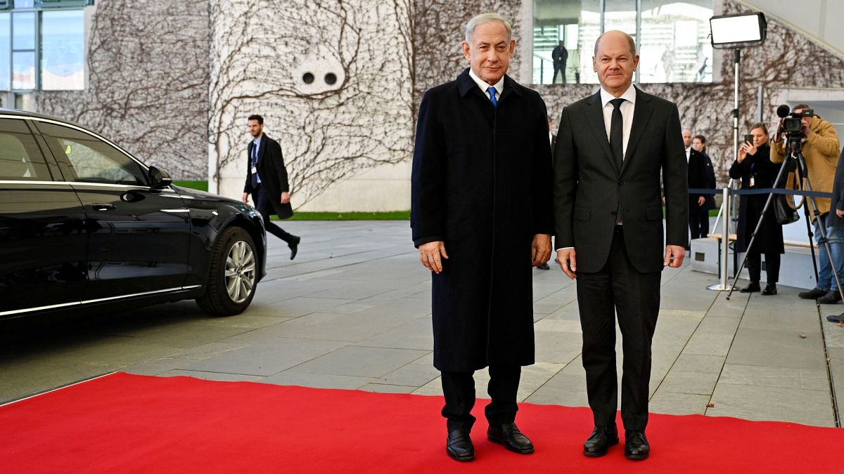اولاف شولتس، صدراعظم آلمان (سمت راست)، و بنیامین نتانیاهو، نخست وزیر اسرائیل؛ برلین شانزدهم مارس ۲۰۲۳