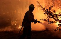 Bombeiro trabalha para travar incêndio florestal na cidade portuguesa de Gouveia, a 18 de agosto de 2022.