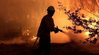 A firefighter works to stop a wildfire in Gouveia, Portugal on 18 August 2022.