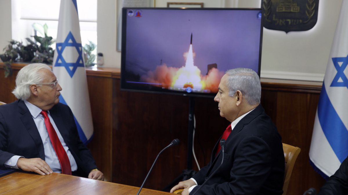 Israeli Prime Minister Benjamin Netanyahu, right, and US Ambassador to Israel David Friedman watch a video which shows the launch of the Arrow 3 anti-ballistic missile.