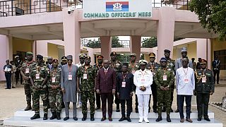 The defence chiefs from ECOWAS countries excluding Mali, Burkina Faso, Chad, Guinea and Niger, pose for a group photo during their meeting in Accra, Ghana, Aug.  17 2023