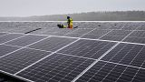 Paneles solares instalados en una planta fotovoltaica flotante en un lago de Haltern, Alemania, el 1 de abril de 2022