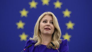 Zuzana Caputova szlovák elnök az Európai Parlamentben beszél 2022. október 19-én