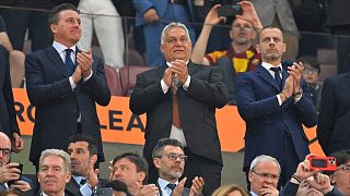 Viktor Orban, centre, and UEFA president Aleksander Ceferin, right, at the Europa League final at the Puskas Arena in Budapest in May.
