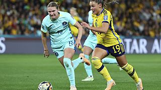 Sweden's Johanna Kaneryd, right, and Australia's Clare Hunt during the Women's World Cup third-place playoff between Australia and Sweden in Brisbane, Australia, Aug. 19, 2023