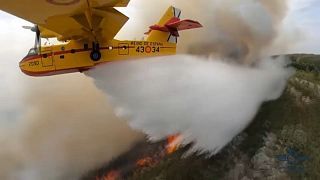 A plane drops water on the flames of Tenerife's wildfire, August 18, 2023