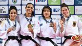 Le podium des -52 kg lors de la première journée du Grand Prix de judo de Zagreb, en Croatie, vendredi 18 août 2023.