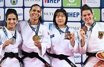 Le podium des -52 kg lors de la première journée du Grand Prix de judo de Zagreb, en Croatie, vendredi 18 août 2023.