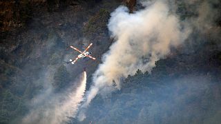 A helicopter drops water on the flames as the fire advances through the forest toward the town of Pinolere in Tenerife, Canary Islands, Spain.