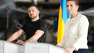 Ukrainian President Volodymyr Zelenskyy, left and Denmark's Prime Minister Mette Frederiksen hold a press conference, at Skrydstrup Airbase, in Vojens, Denmark, Sunday, Aug.20