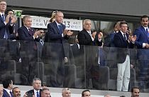 Hungarian Prime Minister Viktor Orbán (r) and Turkish President Recep Tayyip Erdogan,  applaud while attending the World Athletics Championships in Budapest, Hungary.
