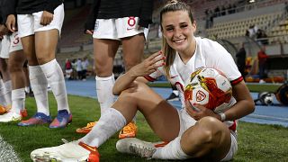 Ella Toone shows off her nail polish after scoring a hat-trick during the Women's World Cup qualifier group D match against North Macedonia