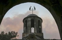Zwei Störche sitzen auf dem Turm einer ausgebrannten Kirche neben Alexandroupolis