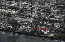 Maui'de etraftaki yüzlerce evin yandığı bir bölgede tek başına ayakla kalan bir evin havadan görüntüsü