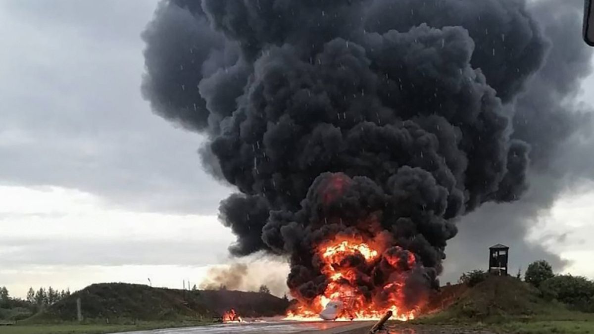 Russian warplane is burning on the Soltsy air base in the Novgorod region in northwestern Russia. 