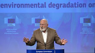 European Commissioner for European Green Deal Frans Timmermans speaks during a media conference on threats of climate change and environmental degradation on peace, security.