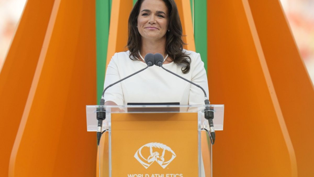 Hungarian President Katalin Novak speaks during the opening ceremony of the World Athletics Championships in Budapest.