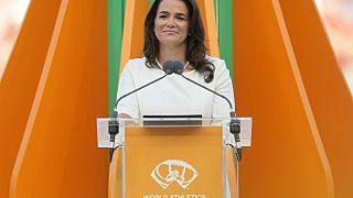 Hungarian President Katalin Novak speaks during the opening ceremony of the World Athletics Championships in Budapest.