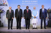 Luiz Inacio Lula da Silva, Xi Jinping, Cyril Ramaphosa, Narendra Modi, et Sergueï Lavrov, mardi 22 août 2023.