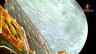 A view of the moon as viewed by the Chandrayaan-3 lander during Lunar Orbit Insertion on August 5, 2023 in this screengrab from a video released August 6, 2023.