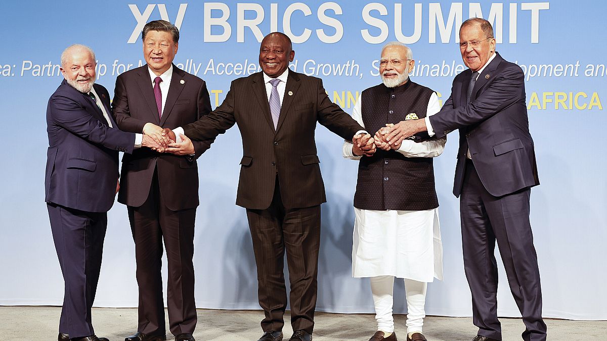 Leaders of Brazil, China, South Africa, India and Russia pose for a BRICS 2023 family photo in Johannesburg, South Africa. 23 August 2023