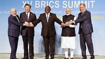 Leaders of Brazil, China, South Africa, India and Russia pose for a BRICS 2023 family photo in Johannesburg, South Africa. 23 August 2023