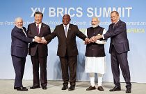 Leaders of Brazil, China, South Africa, India and Russia pose for a BRICS 2023 family photo in Johannesburg, South Africa. 23 August 2023