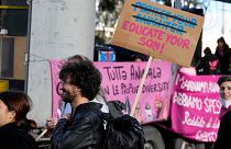 People march during a demonstration against violence on women, in Rome, Saturday, Nov. 27, 2021.