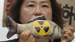 Διαδηλώτρια κρατάει ψάρι με το σήμα της ραδιενέργειας σε πορεία για τη Φουκουσίμα στη Σεούλ